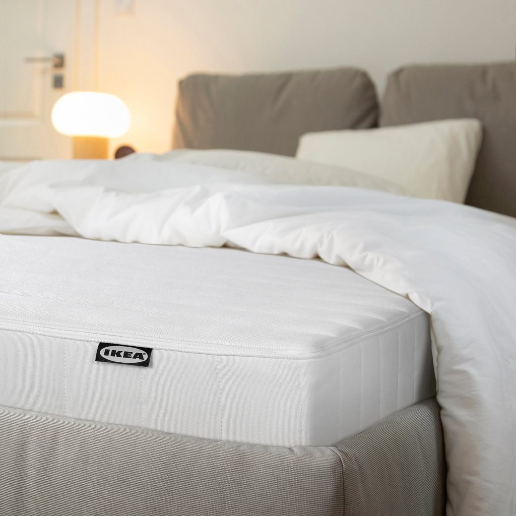 IKEA Aspsjökullen op een bed met wit dekbed