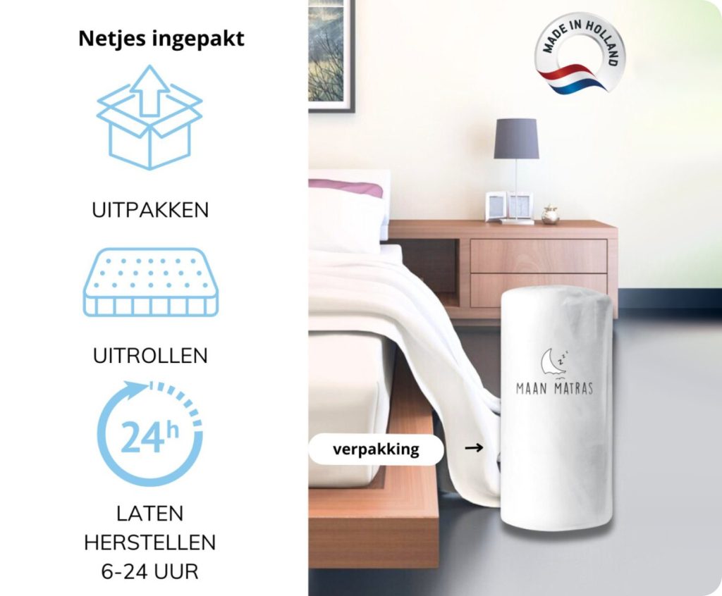 Maan Matras Pocketvering, opgerolde verpakking naast een bed